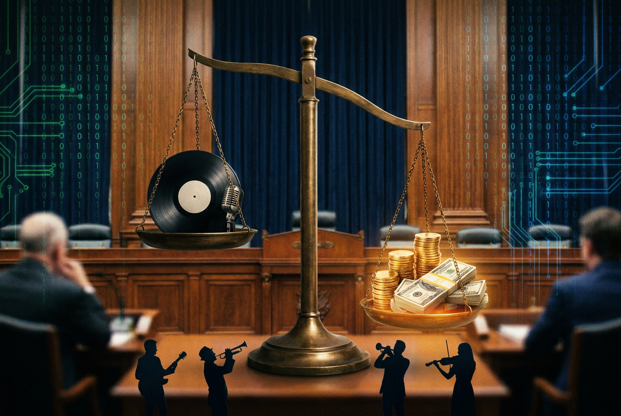 alt text: A scale of justice with a vinyl record on one side and stacks of money on the other, tilting toward the money side, with silhouettes of musicians watching from below