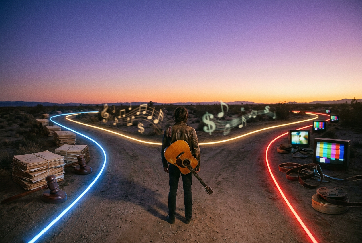 alt text: Three diverging roads stretching into the distance representing different paths for AI and music