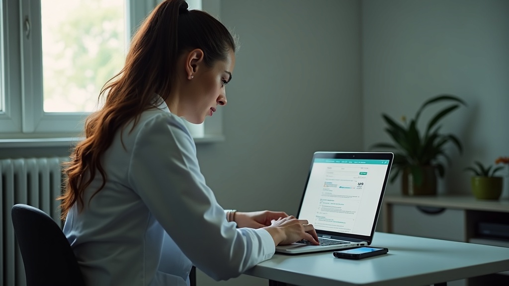 Profissional brasileiro em consultório analisando resultados do Google no notebook.