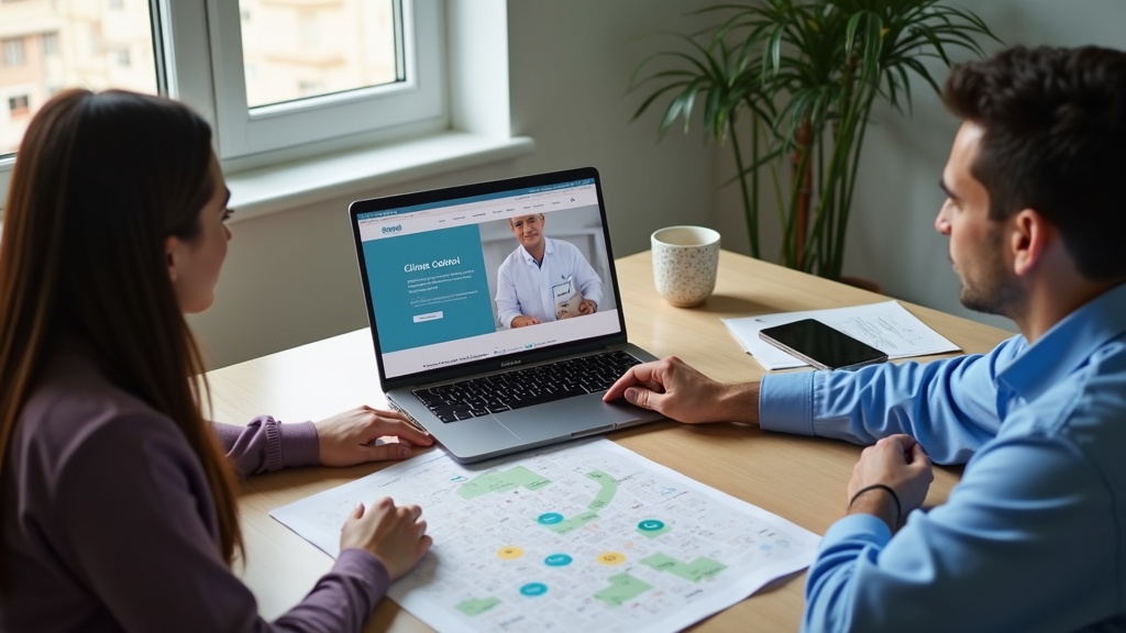 Consultora de marketing e profissional de saúde revisando site de consultório com foco em localização.