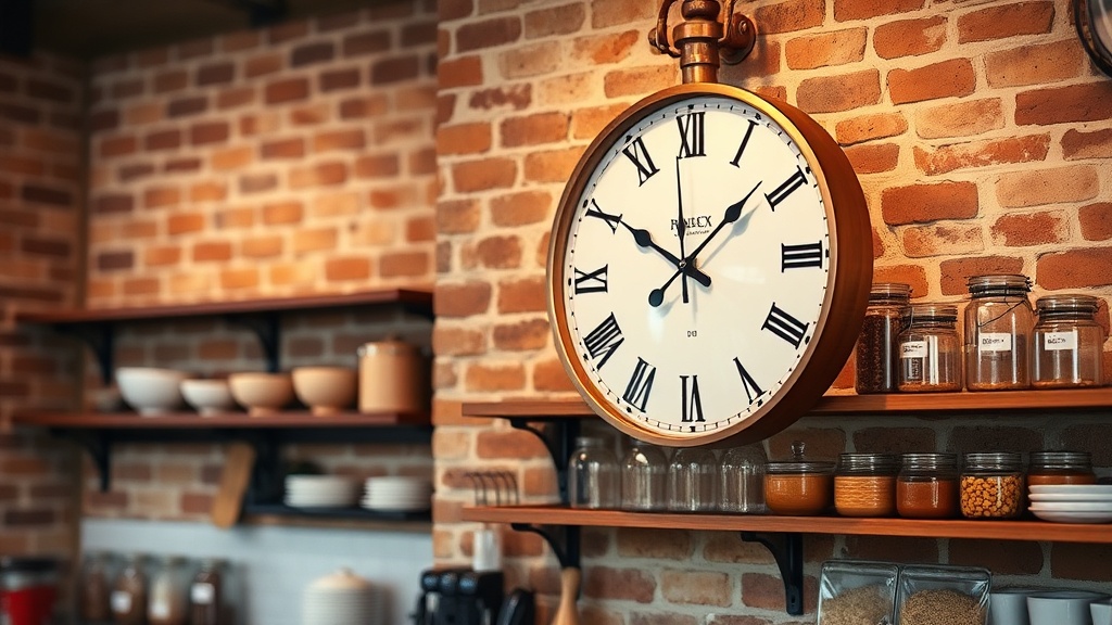 Large industrial copper wall clock mounted in a kitchen with exposed brick and open shelving