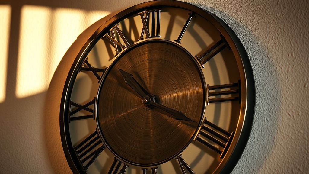 Close-up detail of a brushed metal wall clock with Roman numerals on a textured plaster wall