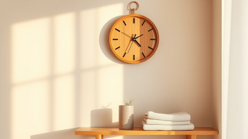 Natural bamboo wall clock above a minimalist wooden shelf in a Scandinavian interior