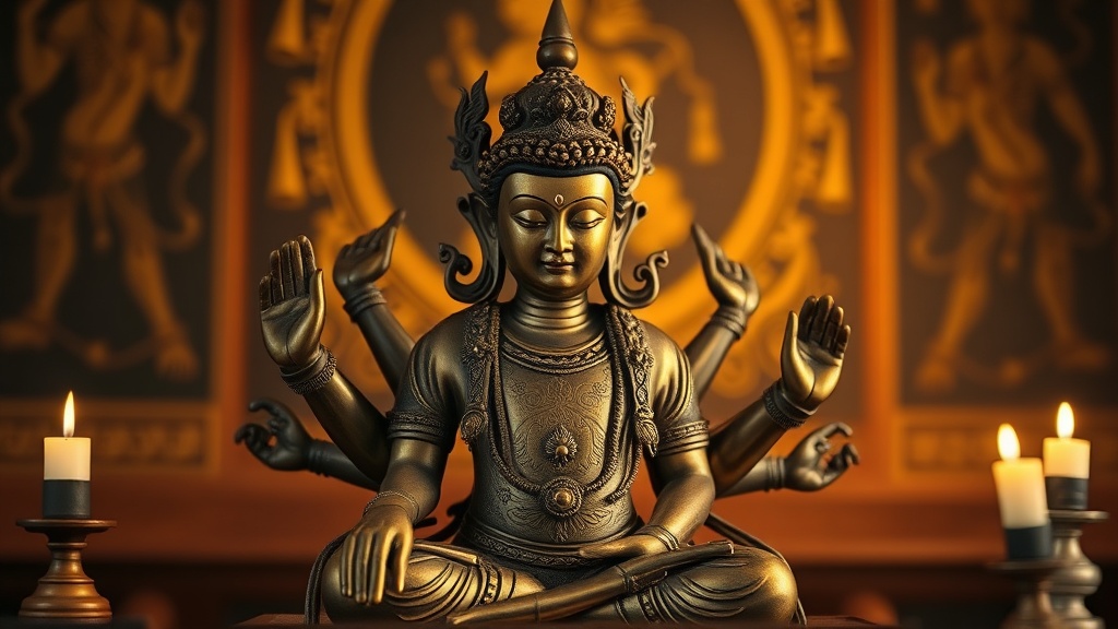 Ornate bronze multi-armed Tibetan bodhisattva statue on a candlelit altar, fine metalwork detail