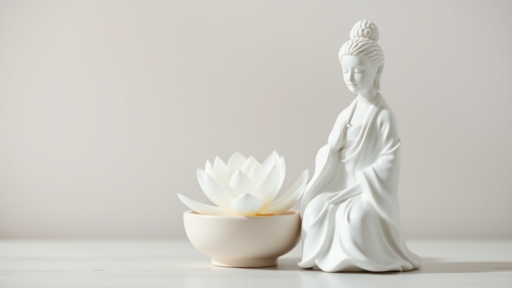 White porcelain Guanyin figurine beside a single lotus blossom in a ceramic bowl, East Asian Buddhist decor