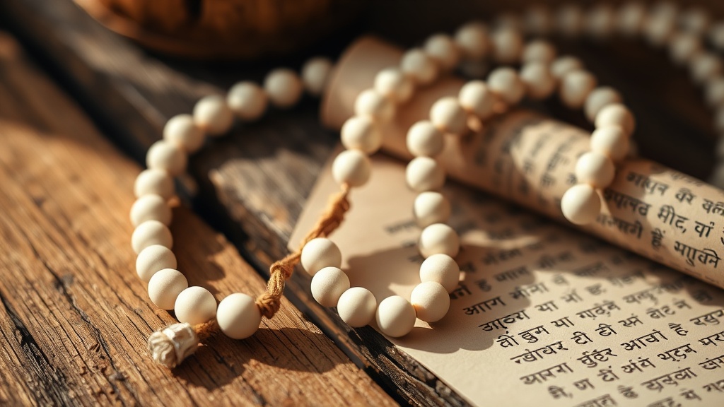 White stone mala beads resting on aged wood, used in Buddhist mantra recitation practice