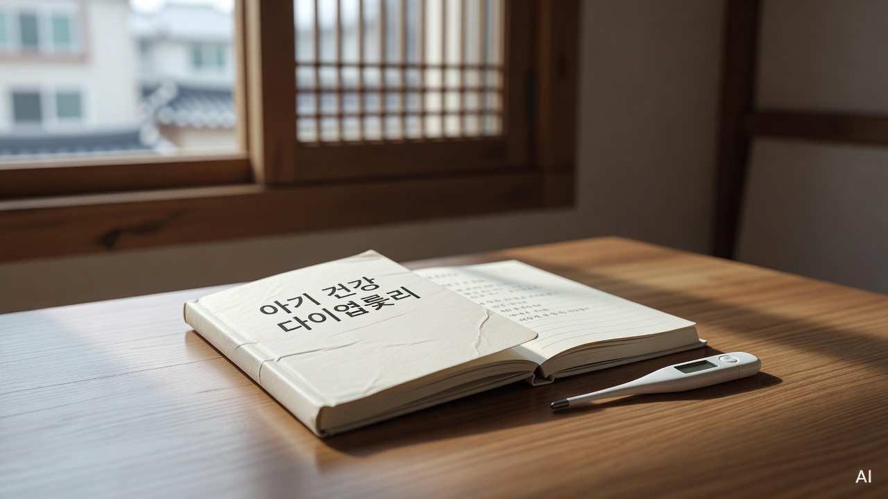 baby health journal and thermometer placed on wooden table near window