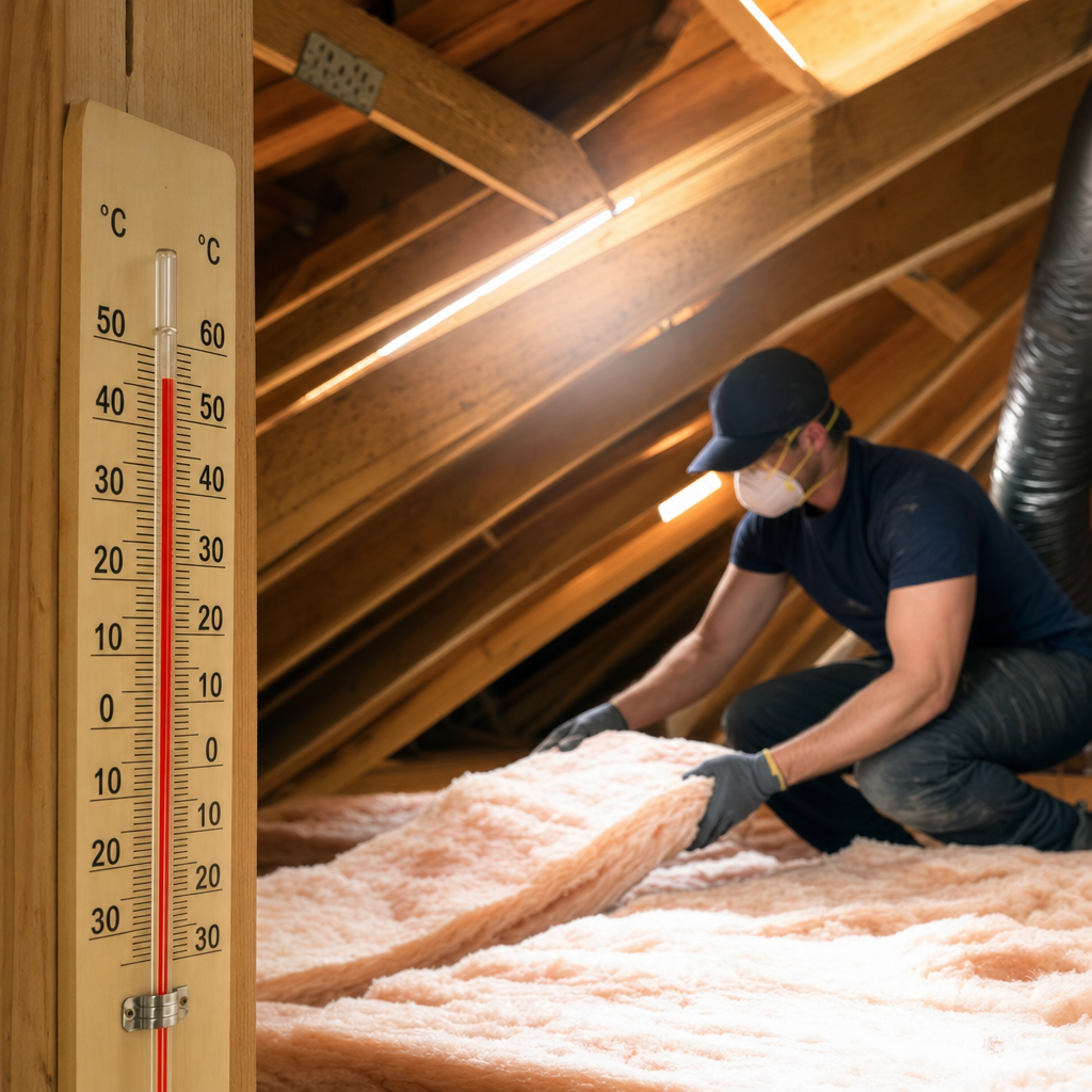 Calgary residential attic showing extreme summer heat with professional insulation upgrade in progress