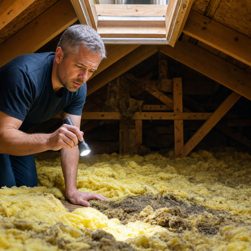 Homeowner inspecting attic insulation with a flashlight in a Calgary home, checking for damage and inadequate insulation depth