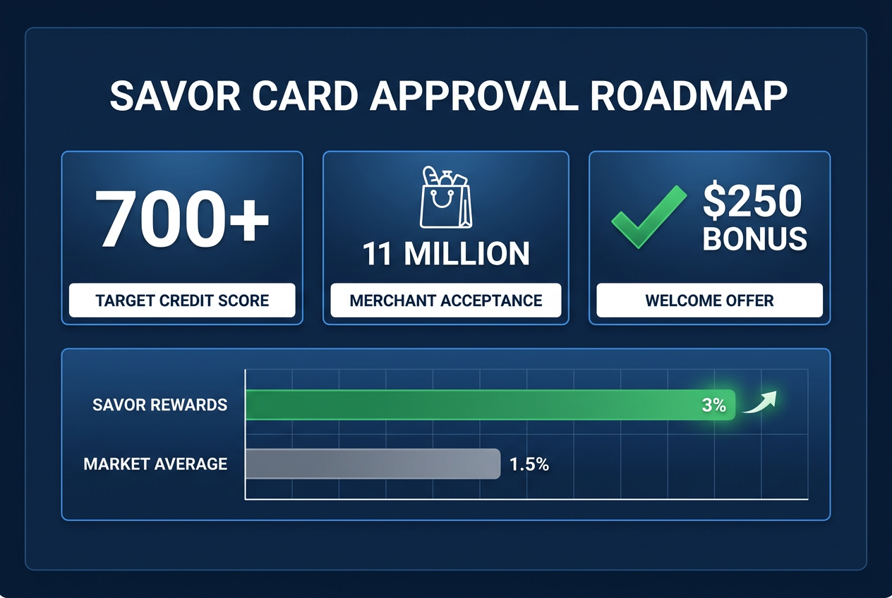 Financial dashboard showing Capital One Savor card requirements including a 700 plus credit score, $250 bonus, and 3 percent dining rewards data.
