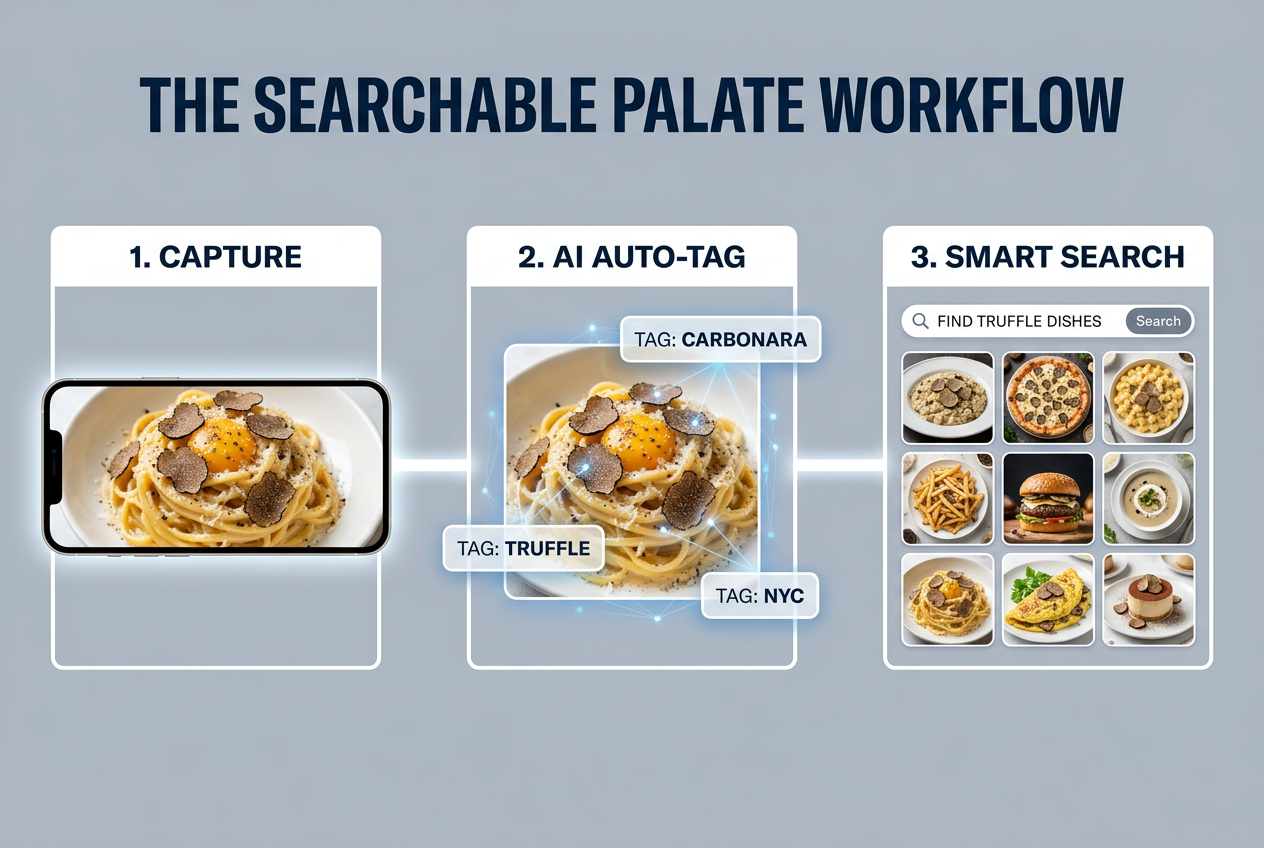 A three-step workflow diagram showing how the Savor app uses AI tagging to organize food photos into a searchable personal culinary library.