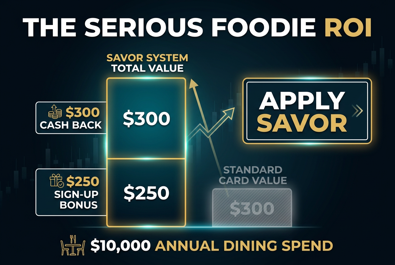 A bar chart titled The Serious Foodie ROI showing the combined value of a $250 bonus and $300 annual cash back for a high-spend dining lifestyle.