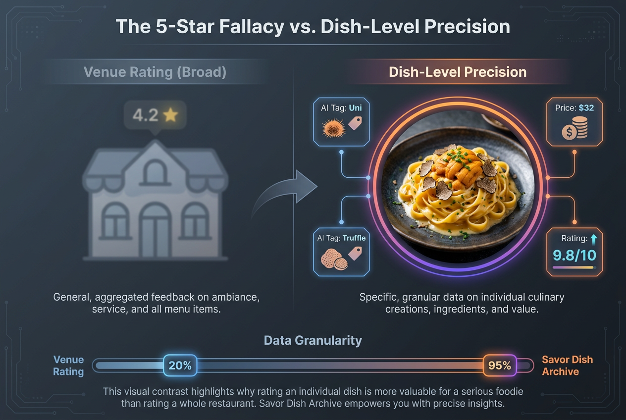 Diagram explaining the difference between generic restaurant ratings and Savor's granular dish-level tracking with AI ingredient tags.