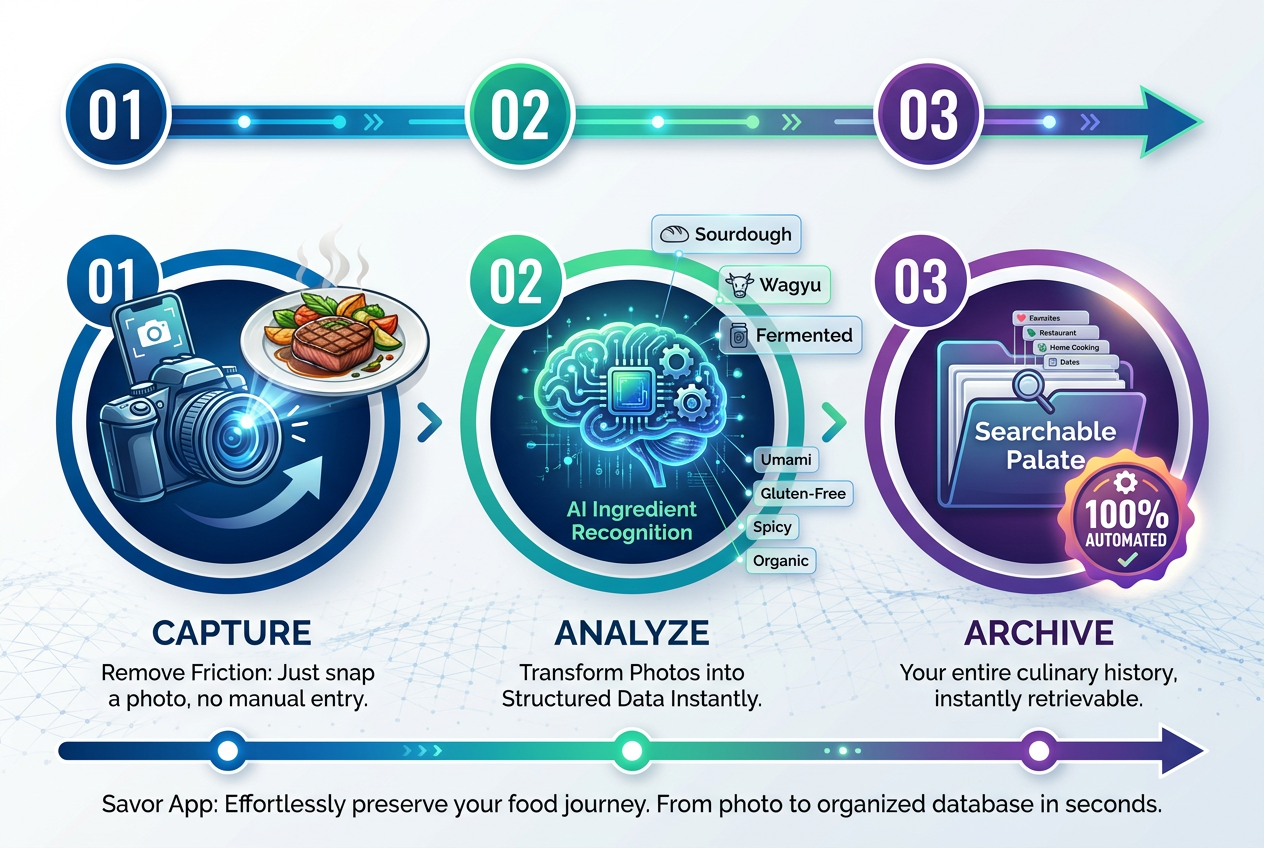 Infographic showing the 3-step AI process of the Savor app from photo capture to automatic ingredient tagging and searchable archiving.