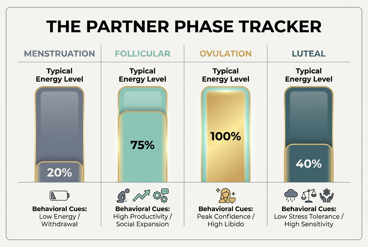 A behavioral cheat sheet for men tracking the 4 menstrual cycle phases: Menstruation, Follicular, Ovulation, and Luteal with energy and mood cues.