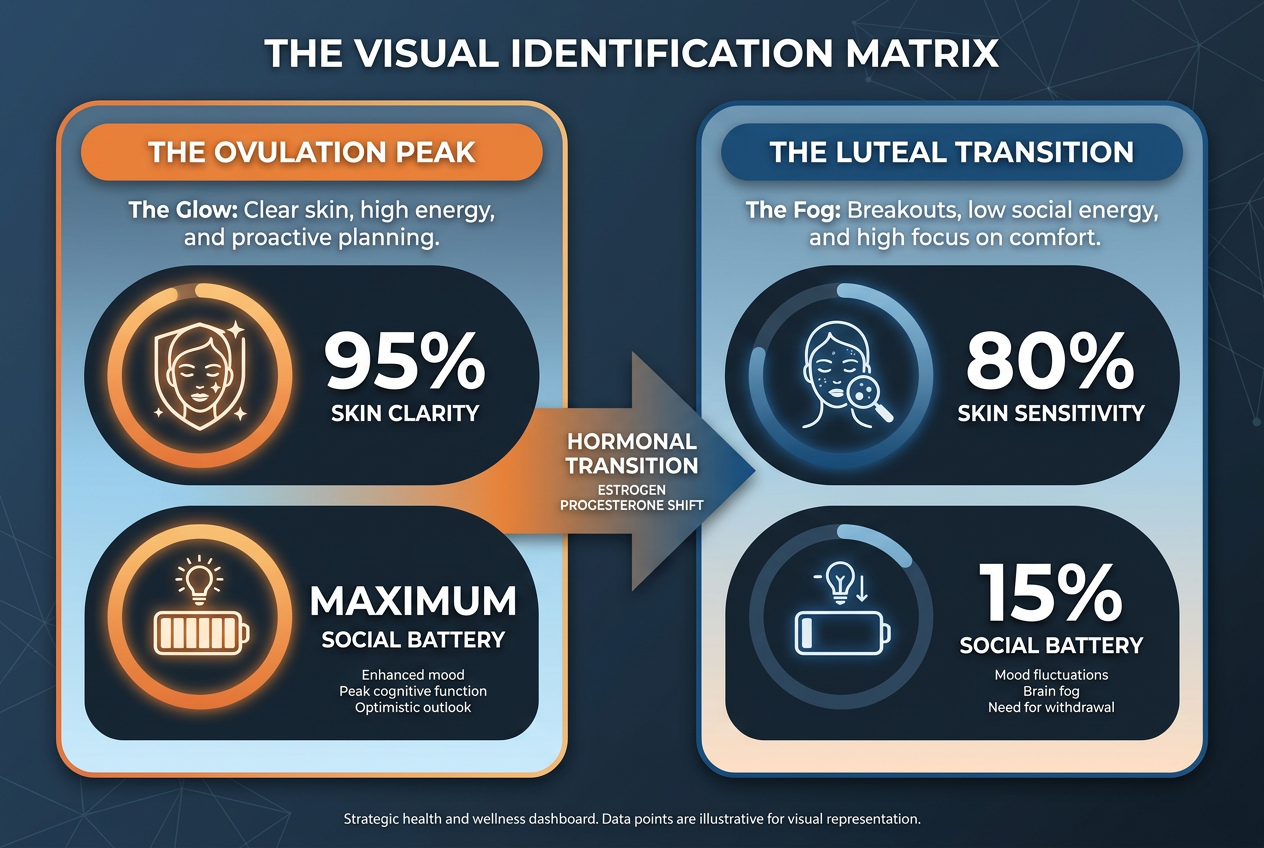 Visual cues comparison between ovulation and luteal phases, highlighting skin clarity, social battery, and behavioral energy levels for partners.
