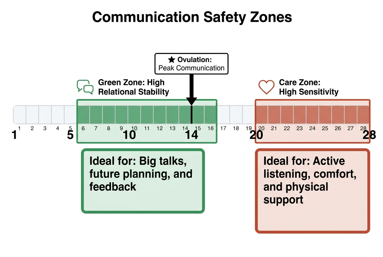 A communication calendar for couples showing the best times for difficult conversations based on the menstrual cycle's emotional stability zones.