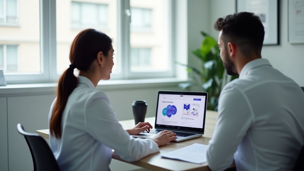Profissional de saúde e consultor de marketing avaliando plataformas de site em um consultório moderno.