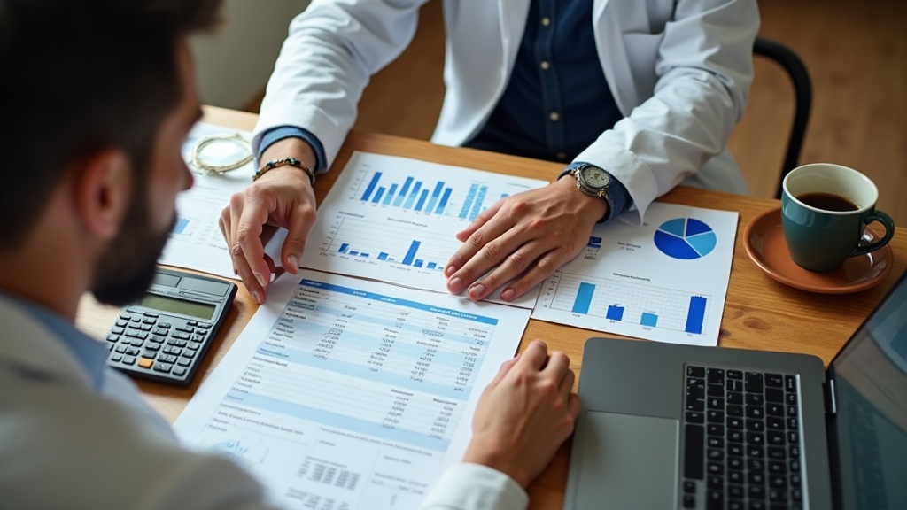 Profissional de consultório analisando em planilhas o custo de manter o site no ar.
