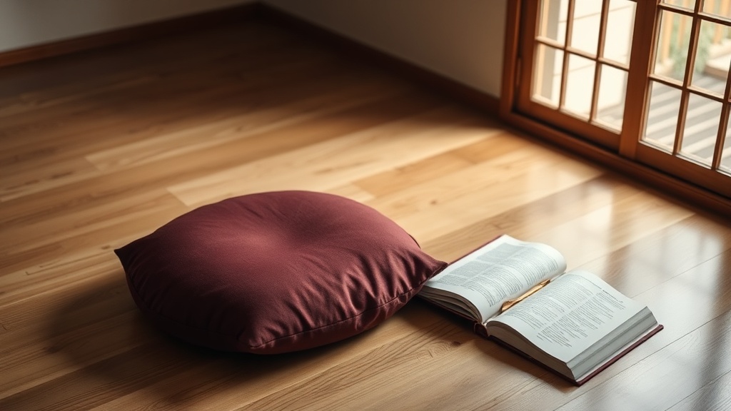 Coussin de méditation zafu bordeaux posé sur un plancher en bois, avec un livre fermé et un marque-page