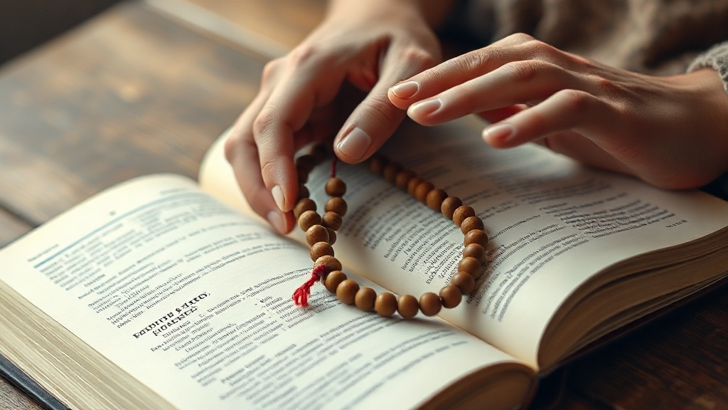 Mains tenant un chapelet mala en bois au-dessus d'un livre ouvert sur la méditation bouddhiste