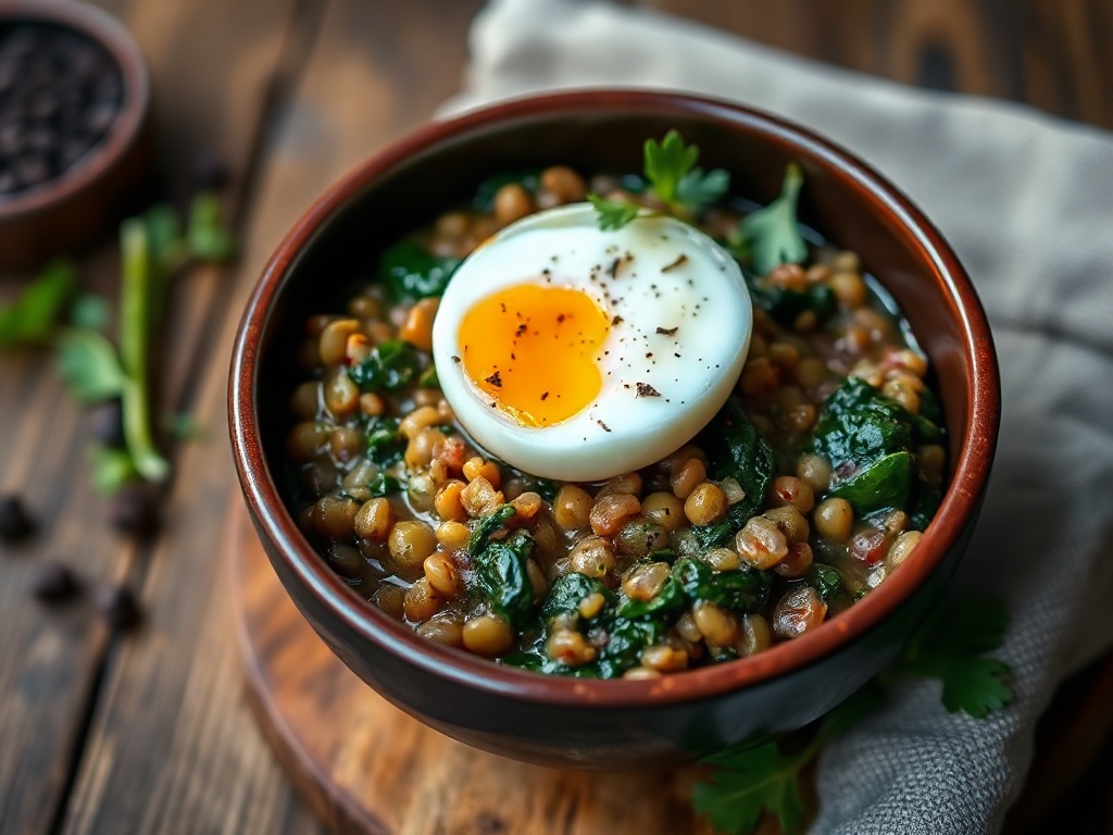 Cocotte de Lentilles du Puy aux Épinards et Œuf Mollet