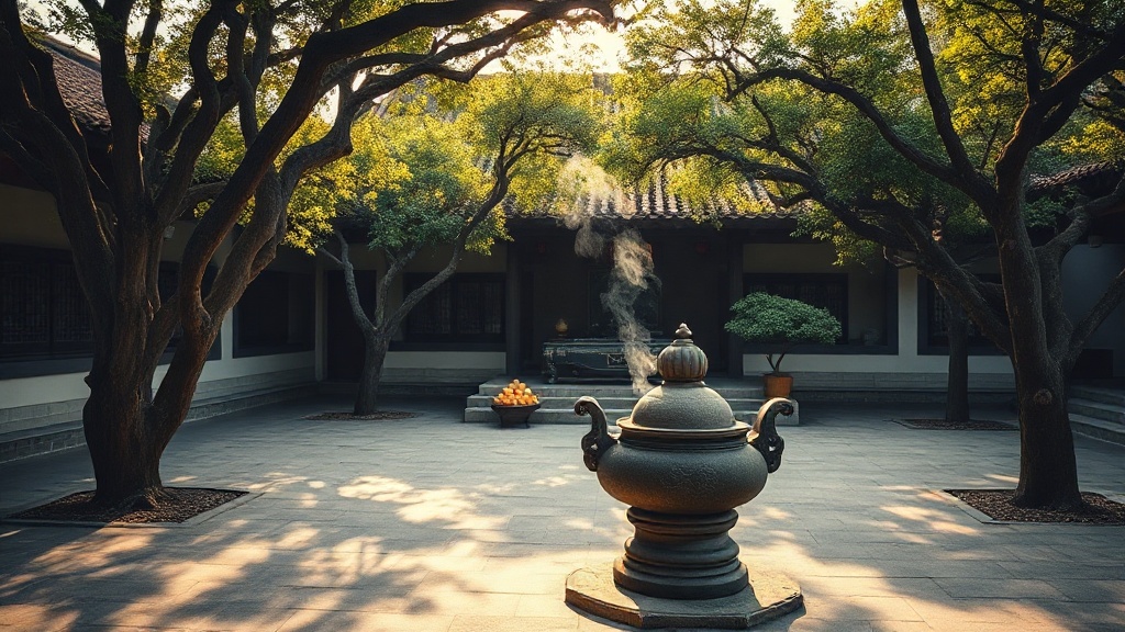 Cour intérieure du temple Hongfu avec brûle-encens et arbres centenaires