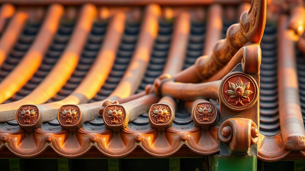 Détail des tuiles vernissées et frises de céramique de la pagode Wanshoubao