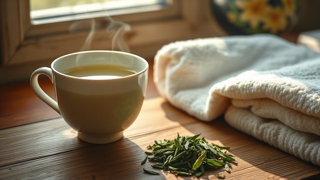 Tasse de thé vert sencha japonais avant une séance de sport, posée à côté d'une serviette de sport