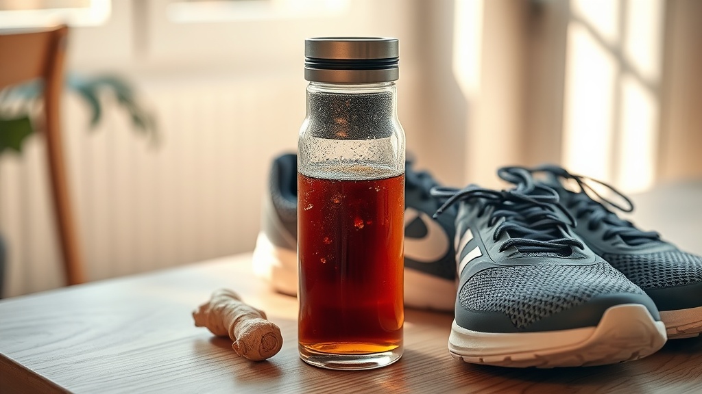 Bouteille de thé vert cold brew à emporter pour une séance de sport, posée à côté de chaussures de course