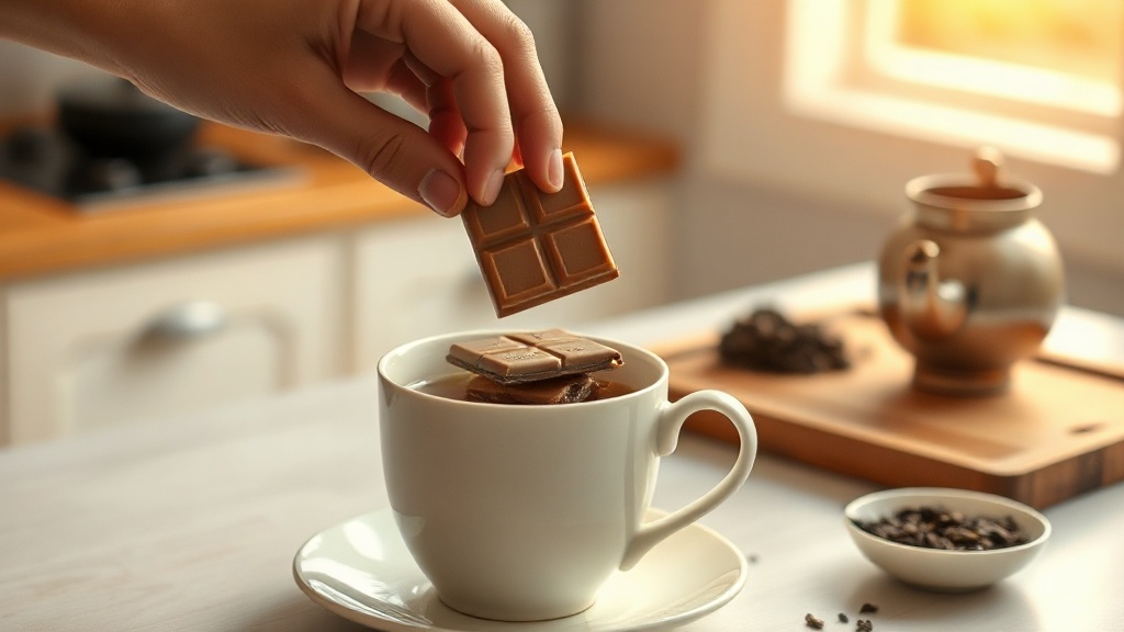 Mains qui cassent un carré de chocolat au lait au-dessus d'une tasse de thé Darjeeling fumant