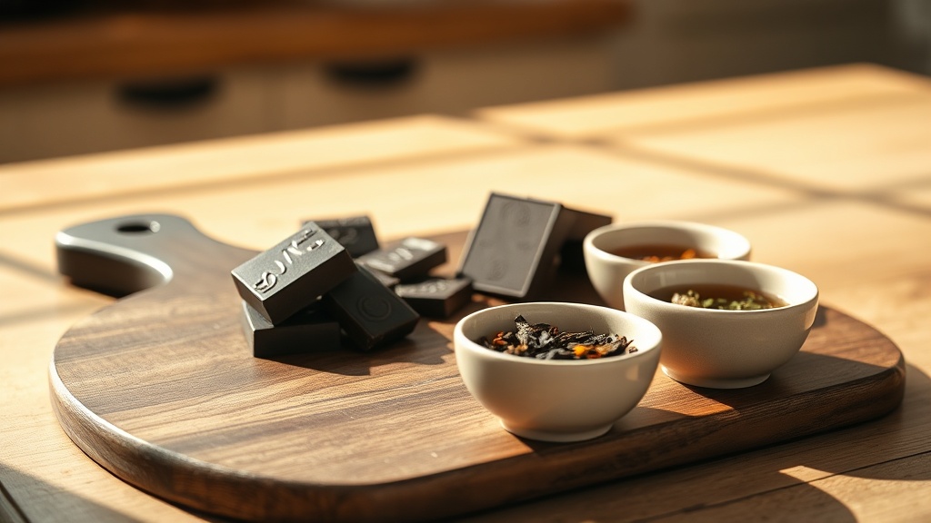 Trois types de chocolat et trois thés différents posés sur une planche en bois pour dégustation d'accords