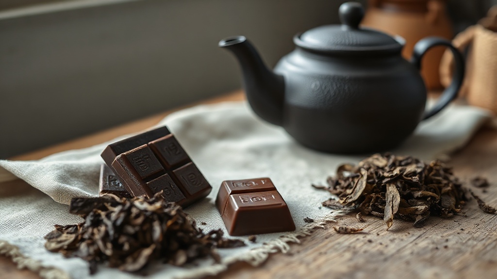 Théière en fonte posée sur un tissu en lin à côté de carrés de chocolat noir intense pour accord fumé