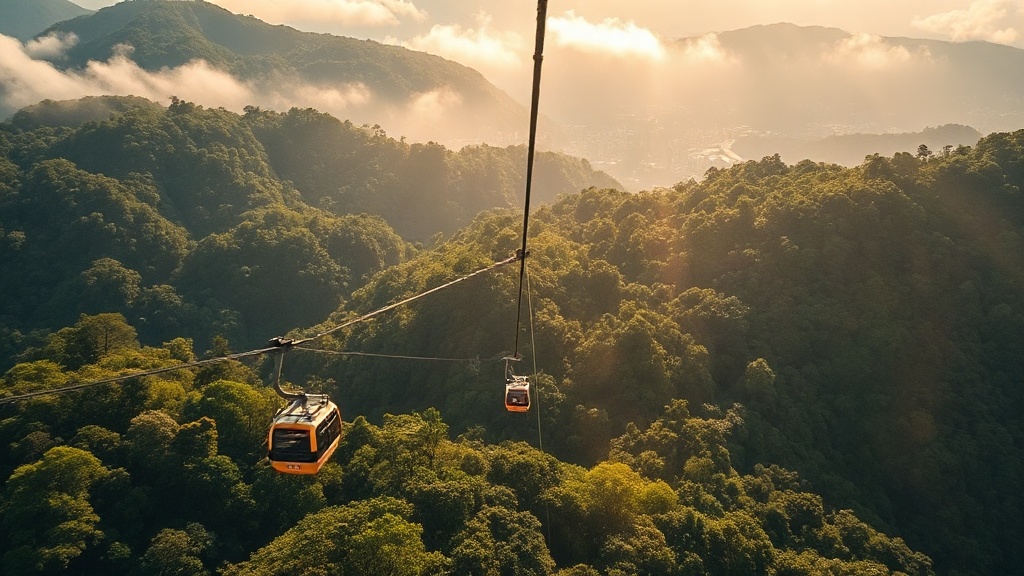 Téléphérique Ngong Ping 360 survolant les forêts de l'île de Lantau vers le monastère de Po Lin
