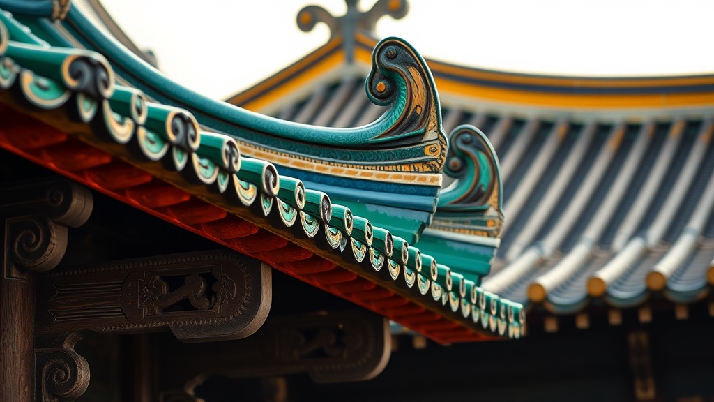 Toits à double auvent et tuiles vernissées du hall principal du monastère de Po Lin, style architectural Tang
