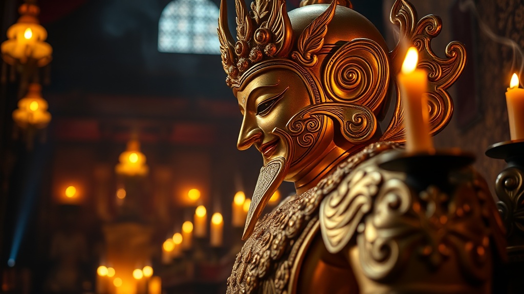 Statue d'un des Quatre Rois Célestes dans un hall latéral du monastère de Po Lin, Hong Kong