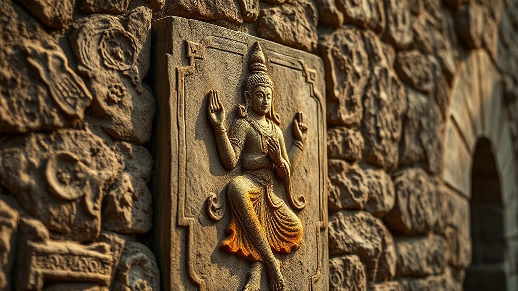 Ancient stone carved relief of a multi-armed Avalokiteshvara on a monastery wall