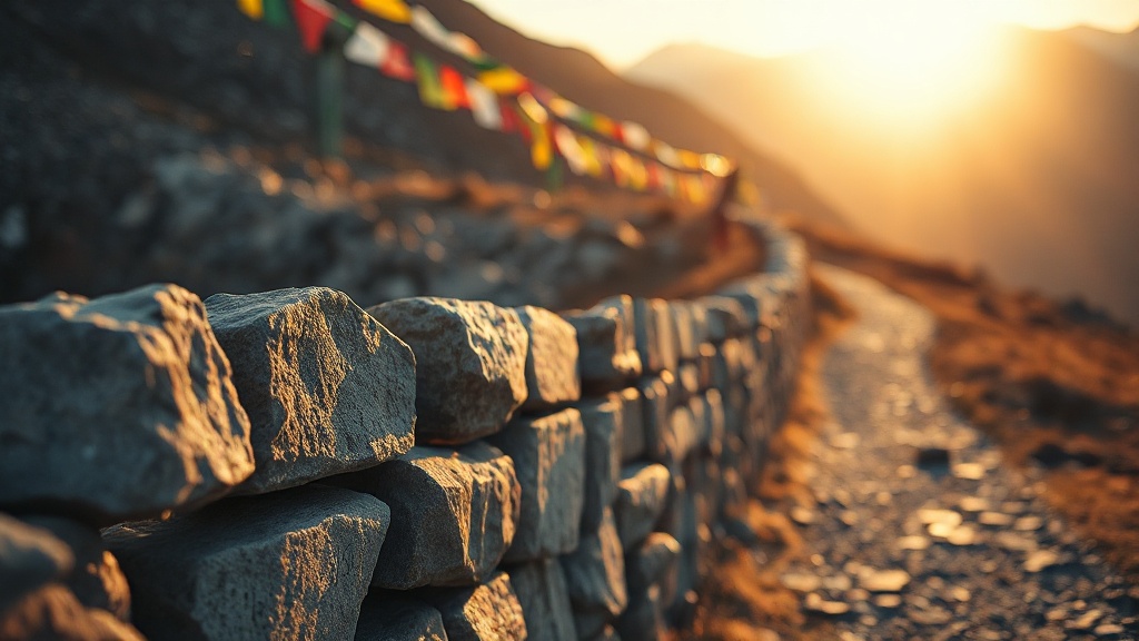 Himalayan mani wall with engraved prayer stones and prayer flags along a mountain trail
