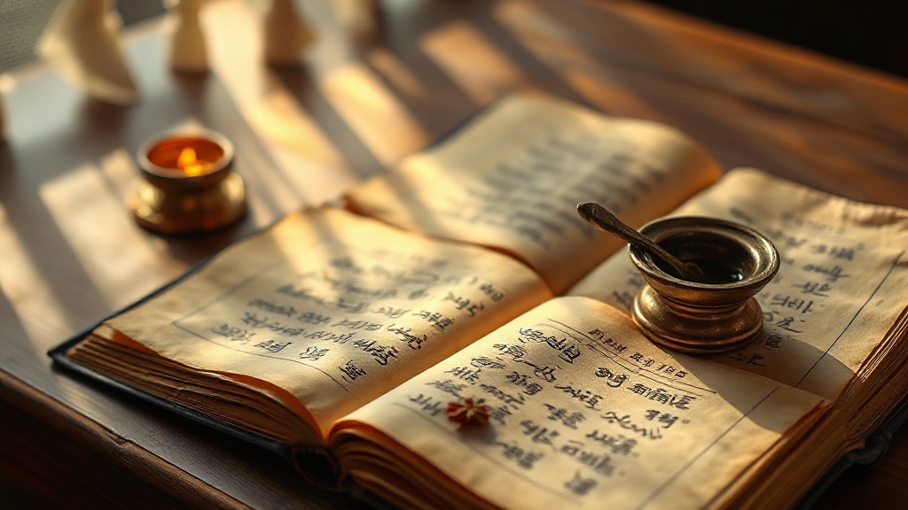 Tibetan Buddhist prayer text open on a wooden altar table beside a lit butter lamp