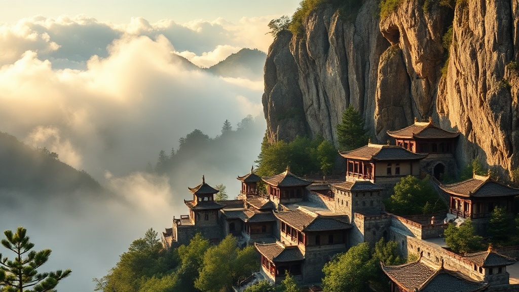 Complexe de temples anciens sur les falaises des monts Wudang dans le Hubei, enveloppés de brume matinale