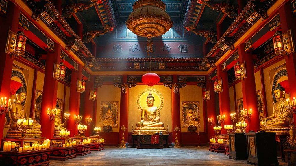 Grande salle du temple Guiyuan Si à Wuhan, avec ses statues dorées et ses colonnes laquées de rouge