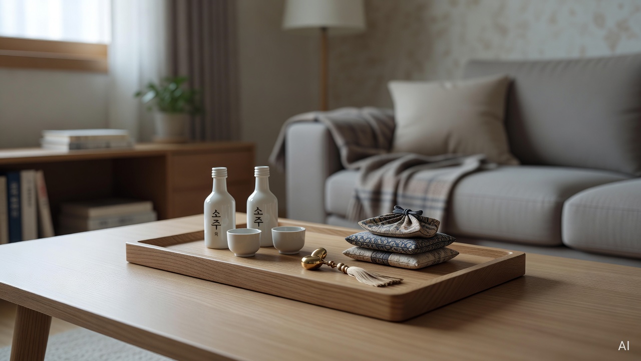 small decorative items arranged neatly on a wooden tray on a living room coffee table