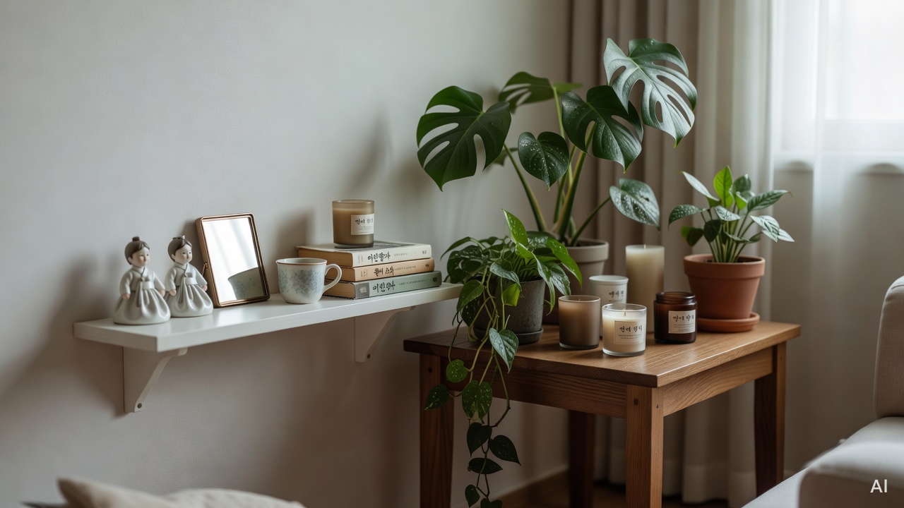 cozy living room corner with small decorative items on a white shelf, plants and candles on wooden furniture