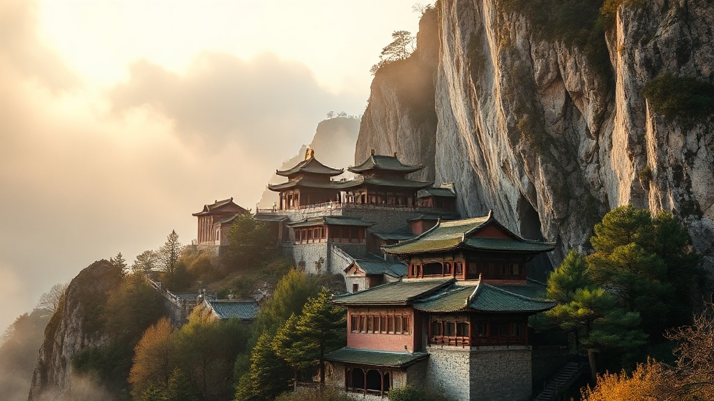 Complexe de temples anciens sur les falaises des monts Wudang dans le Hubei, enveloppés de brume matinale