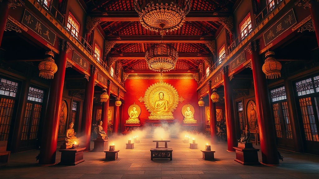 Grande salle du temple Guiyuan Si à Wuhan, avec ses statues dorées et ses colonnes laquées de rouge