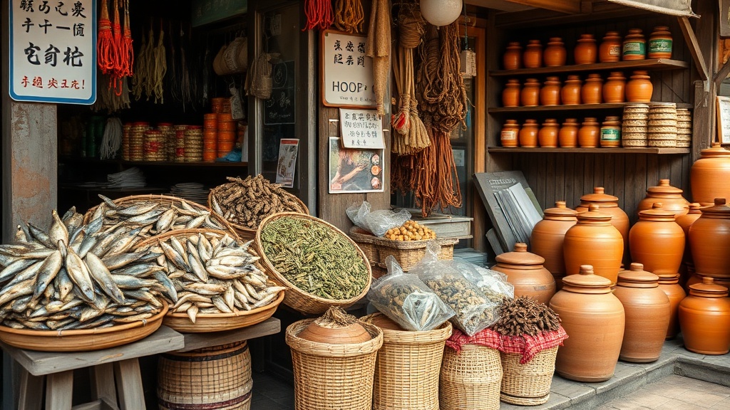 Boutiques de denrées séchées traditionnelles dans les ruelles de Sheung Wan près du temple Man Mo