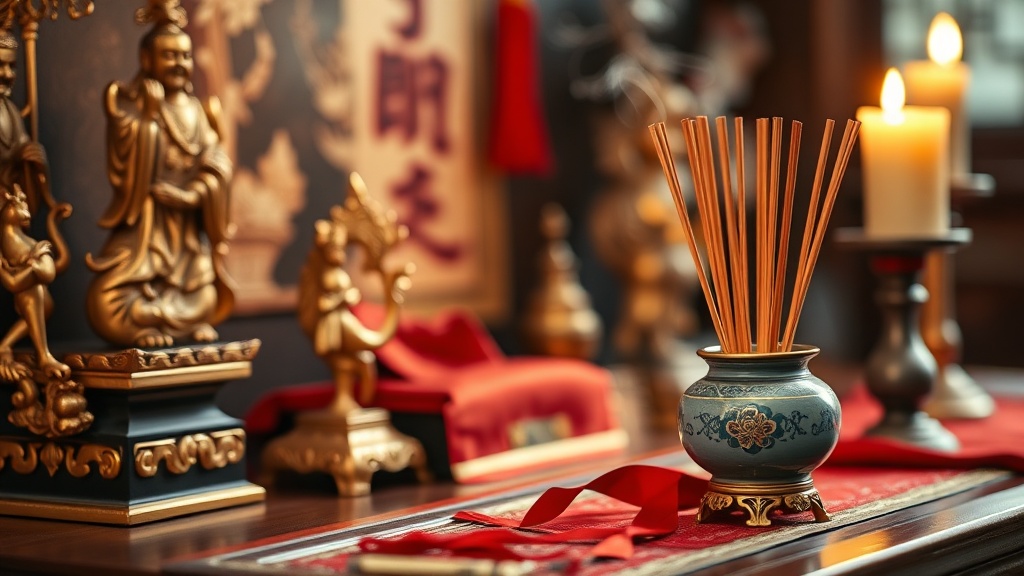 Détails d'un autel taoïste traditionnel avec sculptures dorées et bâtonnets d'encens consumés