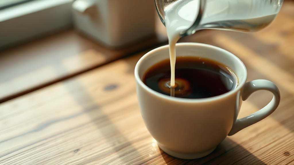 Lait d'avoine versé en filet dans une tasse de thé noir corsé