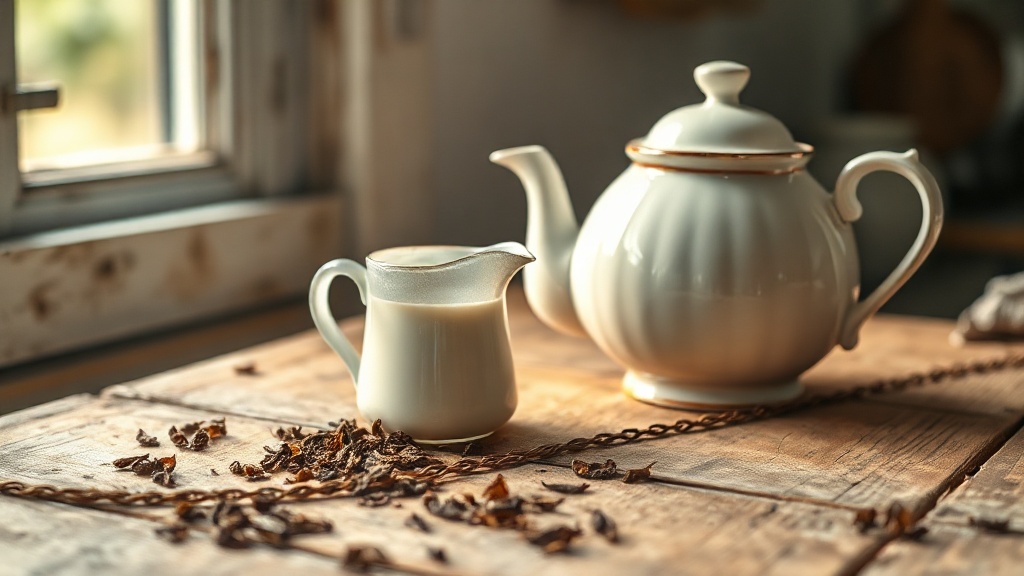 Théière en porcelaine et petit pichet de lait pour un thé noir du matin