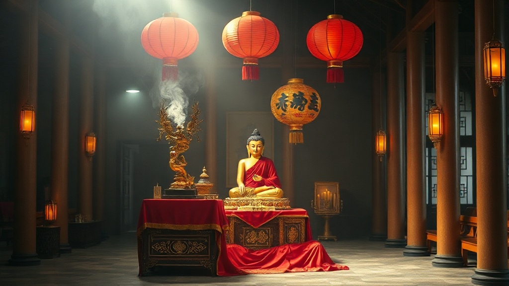 Autel central du hall Daxiong Baodian avec statue de Shakyamuni laquée or dans un temple Chan chinois